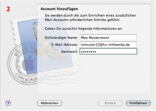 Apple Mail: Account hinzufügen Dialog